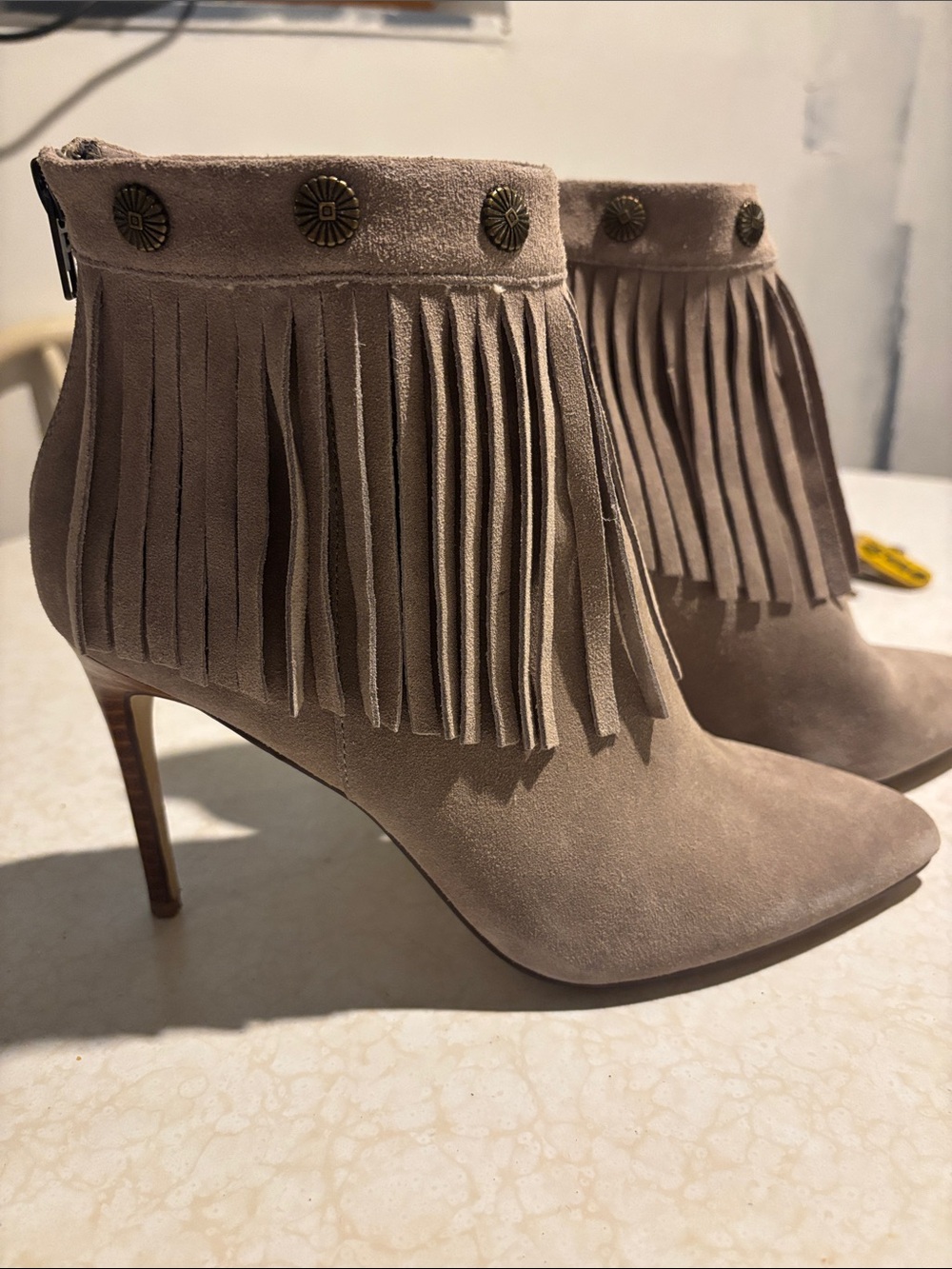 Very Volatile Taupe Fringe Suede Ankle Boots